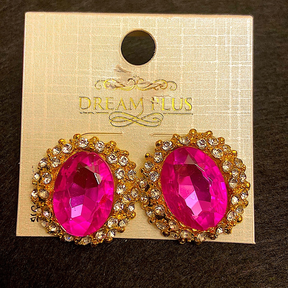 Dream Plus Women’s Round Fuchsia Pink, Gold and Rhinestone Clusters Earrings.